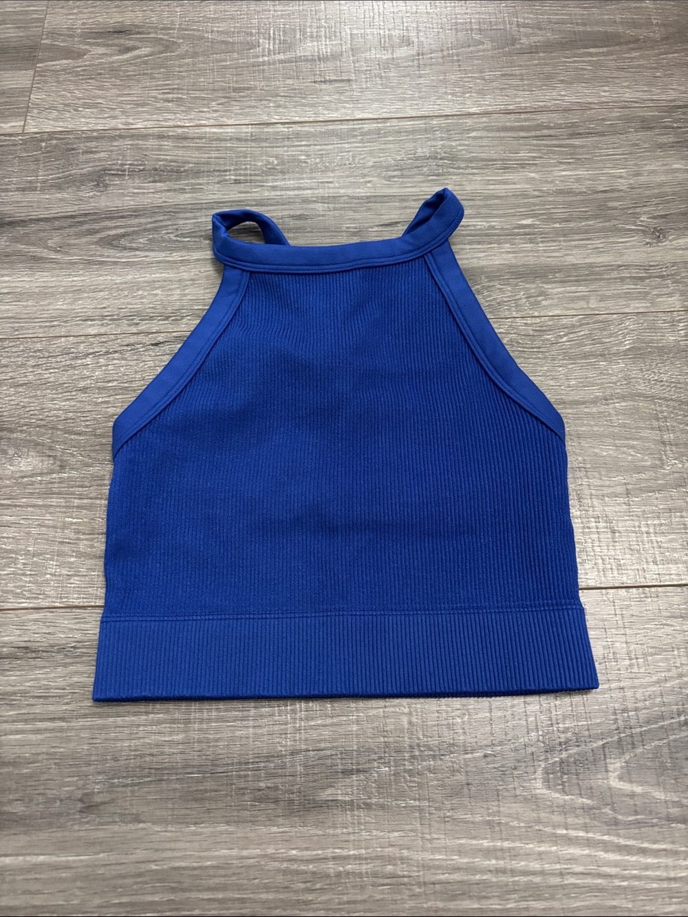 Blue Ribbed High Neck Cropped Tank